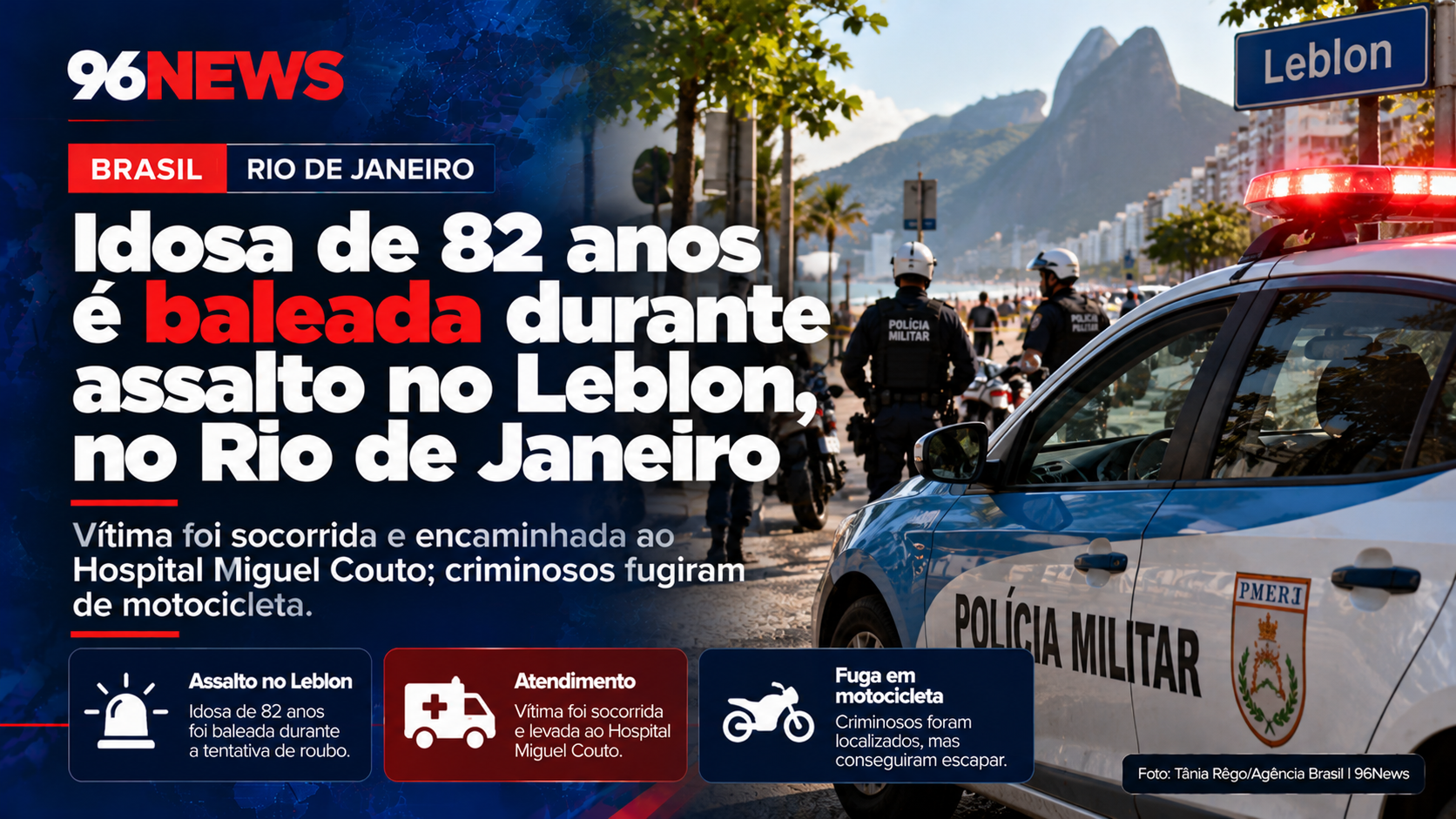Idosa de 82 anos é baleada durante assalto no Leblon, no Rio de Janeiro; criminosos fugiram de motocicleta