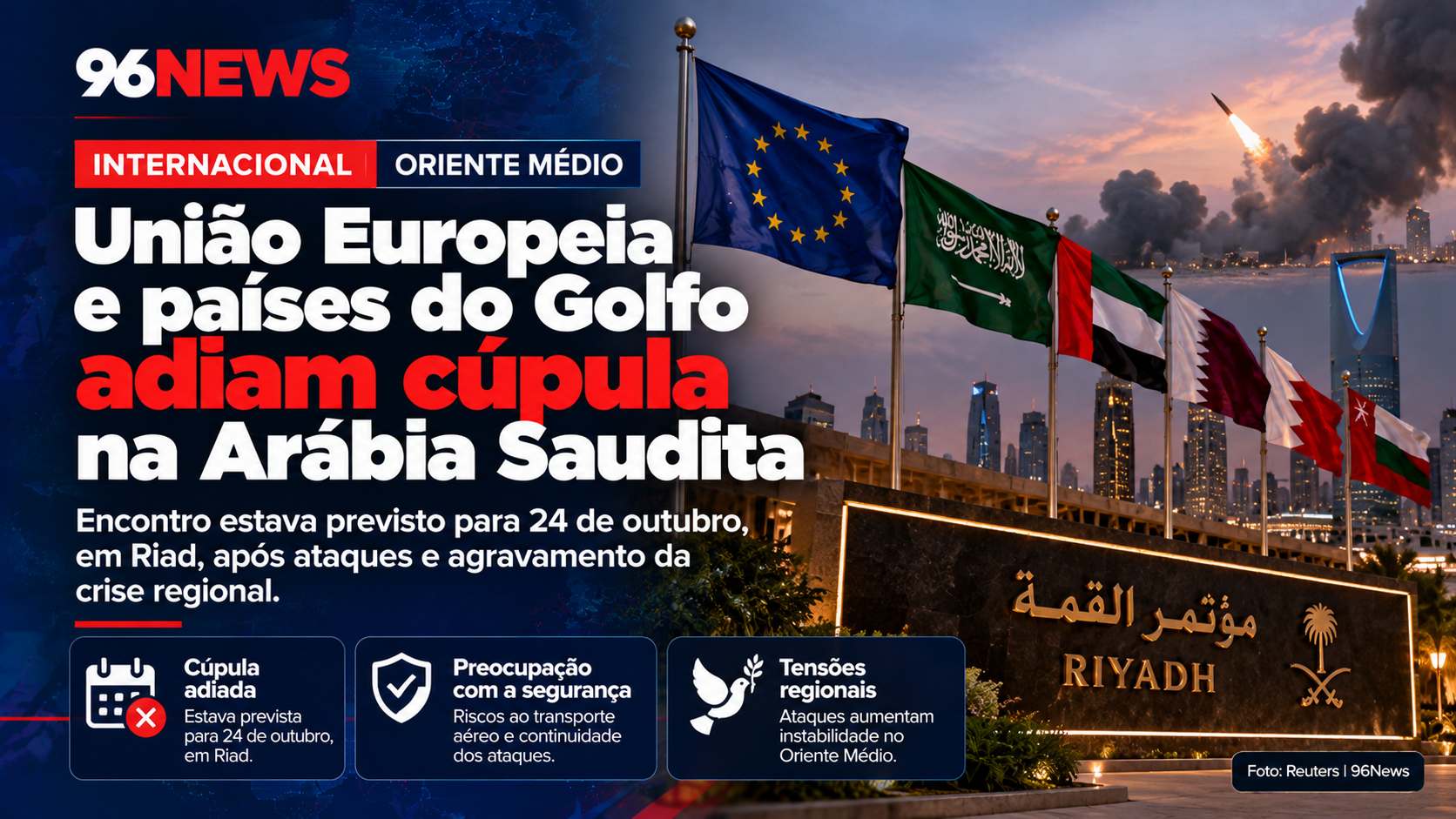 União Europeia e países do Golfo adiam cúpula na Arábia Saudita após ataques e agravamento da crise regional
