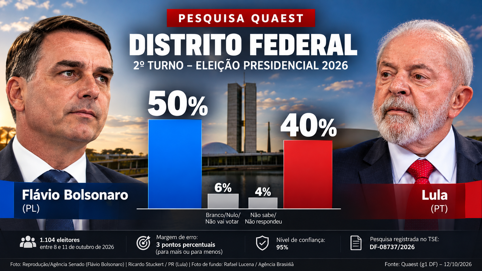 Quaest: Flávio Bolsonaro registra 50% e Lula 40% em pesquisa de segundo turno no Distrito Federal